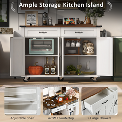 K&K 53.5 Farmhouse Kitchen Island With Power Outlet, Kitchen Storage Island With Drop Leaf, Spice Rack And Drawer, Rolling Kitchen Cart On Wheels, For Home, Kitchen And Dining Room, White