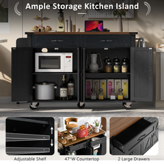 K&K 53.5 Farmhouse Kitchen Island With Power Outlet, Kitchen Storage Island With Drop Leaf, Spice Rack And Drawer, Rolling Kitchen Cart On Wheels, For Home, Kitchen And Dining Room, Black