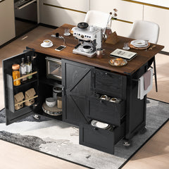 K&K 54.5  Farmhouse Kitchen Island With Power Outlet, Kitchen Storage Island  With Internal Storage Rack, Drop Leaf, Spice Rack, Rolling Kitchen Cart On Wheels, For Home, Kitchen And Dining Room,Black