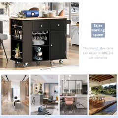 Kitchen Island With Power Outlet,Kitchen Storage Island With Drop Leaf And Rubber Wood,Open Storage And Wine Rack,5 Wheels,with Adjustable Storage For Home, Kitchen, And Dining Room, Black