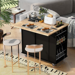 Kitchen Island With Power Outlet,Kitchen Storage Island With Drop Leaf And Rubber Wood,Open Storage And Wine Rack,5 Wheels,with Adjustable Storage For Home, Kitchen, And Dining Room, Black