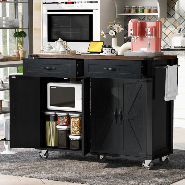 K&K 53.5 Farmhouse Kitchen Island With Power Outlet, Kitchen Storage Island With Drop Leaf, Spice Rack And Drawer, Rolling Kitchen Cart On Wheels, For Home, Kitchen And Dining Room, Black