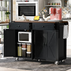 K&K 53.5 Farmhouse Kitchen Island With Power Outlet, Kitchen Storage Island With Drop Leaf, Spice Rack And Drawer, Rolling Kitchen Cart On Wheels, For Home, Kitchen And Dining Room, Black