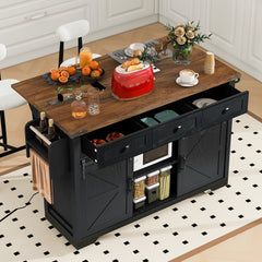 K&K 53.7  Farmhouse Kitchen Island With Power Outlet, 2 Sliding Barn Door Kitchen Storage Island With Drop Leaf, Spice Rack Rolling Kitchen Cart On Wheels, For Home, Kitchen And Dining Room, Black