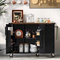K&K 54.5  Farmhouse Kitchen Island With Power Outlet, Kitchen Storage Island  With Internal Storage Rack, Drop Leaf, Spice Rack, Rolling Kitchen Cart On Wheels, For Home, Kitchen And Dining Room,Black