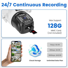 1080P HD 4-Lens Security Camera 360 Degree View WiFi Pan & Tilt Surveillance Camera With Full Color Night Vision Auto Motion Tracking 2-Way Audio Spotlights IP66 Waterproof Max 128G Not Included