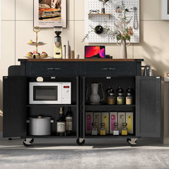 K&K 53.5 Farmhouse Kitchen Island With Power Outlet, Kitchen Storage Island With Drop Leaf, Spice Rack And Drawer, Rolling Kitchen Cart On Wheels, For Home, Kitchen And Dining Room, Black