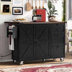 K&K 54.5  Farmhouse Kitchen Island With Power Outlet, Kitchen Storage Island  With Internal Storage Rack, Drop Leaf, Spice Rack, Rolling Kitchen Cart On Wheels, For Home, Kitchen And Dining Room,Black