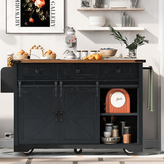 K&K 53.7  Farmhouse Kitchen Island With Power Outlet, 2 Sliding Barn Door Kitchen Storage Island With Drop Leaf, Spice Rack Rolling Kitchen Cart On Wheels, For Home, Kitchen And Dining Room, Black