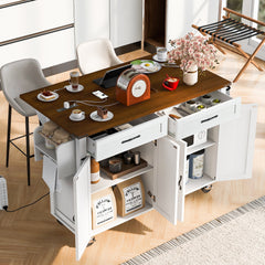 K&K 53.5 Farmhouse Kitchen Island With Power Outlet, Kitchen Storage Island With Drop Leaf, Spice Rack And Drawer, Rolling Kitchen Cart On Wheels, For Home, Kitchen And Dining Room, White