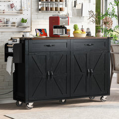 K&K 53.5 Farmhouse Kitchen Island With Power Outlet, Kitchen Storage Island With Drop Leaf, Spice Rack And Drawer, Rolling Kitchen Cart On Wheels, For Home, Kitchen And Dining Room, Black