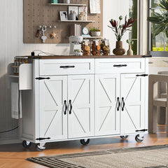 K&K 53.5 Farmhouse Kitchen Island With Power Outlet, Kitchen Storage Island With Drop Leaf, Spice Rack And Drawer, Rolling Kitchen Cart On Wheels, For Home, Kitchen And Dining Room, White