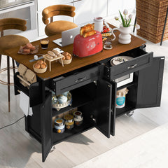 K&K 53.5 Farmhouse Kitchen Island With Power Outlet, Kitchen Storage Island With Drop Leaf, Spice Rack And Drawer, Rolling Kitchen Cart On Wheels, For Home, Kitchen And Dining Room, Black