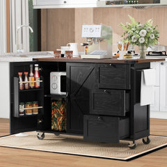 K&K 54.5  Farmhouse Kitchen Island With Power Outlet, Kitchen Storage Island  With Internal Storage Rack, Drop Leaf, Spice Rack, Rolling Kitchen Cart On Wheels, For Home, Kitchen And Dining Room,Black