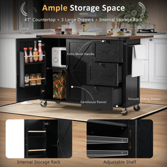 K&K 54.5  Farmhouse Kitchen Island With Power Outlet, Kitchen Storage Island  With Internal Storage Rack, Drop Leaf, Spice Rack, Rolling Kitchen Cart On Wheels, For Home, Kitchen And Dining Room,Black