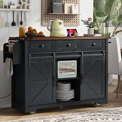 K&K 53.7  Farmhouse Kitchen Island With Power Outlet, 2 Sliding Barn Door Kitchen Storage Island With Drop Leaf, Spice Rack Rolling Kitchen Cart On Wheels, For Home, Kitchen And Dining Room, Black