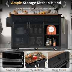K&K 53.7  Farmhouse Kitchen Island With Power Outlet, 2 Sliding Barn Door Kitchen Storage Island With Drop Leaf, Spice Rack Rolling Kitchen Cart On Wheels, For Home, Kitchen And Dining Room, Black